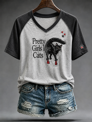 Kurzarm-T-Shirt mit V-Ausschnitt, süß, Katze