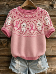 Damen niedlicher Hund und rosa Charity Ribbon Muster gedruckt lässig Kurzarm Pullover