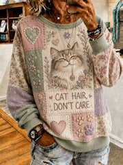 Damen-Patchwork-Sweatshirt mit Katzenmuster, lässig