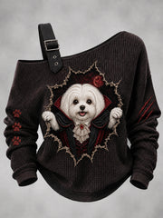 Damen-Halloween-Vampirhund-Print-Ein-Schulter-Waffelpiqué-Casual-Kapuzenpullover