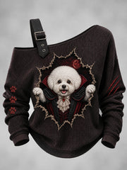 Damen-Halloween-Vampirhund-Print-Ein-Schulter-Waffelpiqué-Casual-Kapuzenpullover
