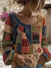 Damen-Casual-Top mit süßem Patchwork-Katzenmuster und langen Ärmeln