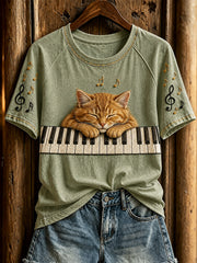 Damen-T-Shirt mit niedlichem Katzen- und Klaviermotiv, lässig, kurzärmlig