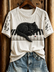 Damen-T-Shirt mit niedlichem Katzen- und Klaviermotiv, lässig, kurzärmlig