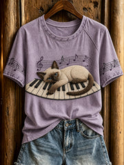 Damen-T-Shirt mit niedlichem Katzen- und Klaviermotiv, lässig, kurzärmlig