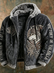 Herren-Viking-Tribal-Jacquard-Keltisches Plüsch-Fleecejacke mit Wolfsmotiv, warm, mit Reißverschluss und Kapuze