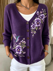Damen-Strickjacke mit edlem Kolibri-Purpurglöckchen-Print und kuscheliger Passform