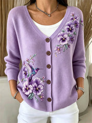Damen-Strickjacke mit edlem Kolibri-Purpurglöckchen-Print und kuscheliger Passform