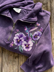Damen-Kapuzenpullover mit edlem Kolibri- und Stiefmütterchen-Print und Reißverschluss