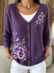 Damen-Strickjacke mit edlem Kolibri-Purpurglöckchen-Print und kuscheliger Passform