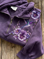 Damen-Kapuzenpullover mit edlem Kolibri- und Stiefmütterchen-Print und Reißverschluss