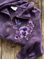 Damen-Kapuzenpullover mit edlem Kolibri- und Stiefmütterchen-Print und Reißverschluss