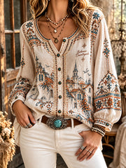 Langärmlige Damen-Vintage-Bluse mit böhmischem Muster