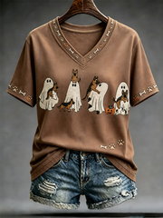 Damen-Halloween-T-Shirt mit Hunde-Print und kurzen Ärmeln