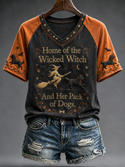 Kurzarm-T-Shirt mit V-Ausschnitt und Schulter hals, Halloween-Hunde druck