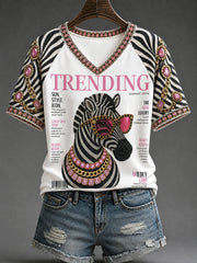 Frauen Mode Magazin Zebra Print V-Ausschnitt T-Shirts