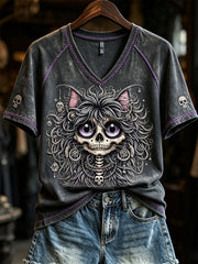 Damen-Gothic-Katzen-T-Shirt mit Skelett-Print und flauschiger Optik, kurzärmelig