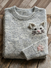 Damen Vintage Lovely Cat Face & Paw Print Rundhals pullover