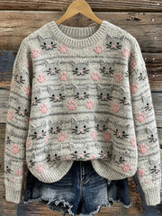 Damen Vintage Lovely Tabby Cat Faces & Paw Prints Muster Pullover mit Rundhals ausschnitt