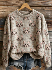 Damen Vintage Lovely Cat Faces Muster Pullover mit Rundhals ausschnitt