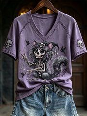 Damen-Gothic-Katzen-T-Shirt mit Skelett-Print und flauschiger Optik, kurzärmelig