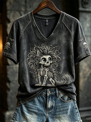 Damen-Gothic-Katzen-T-Shirt mit Skelett-Print und flauschiger Optik, kurzärmelig