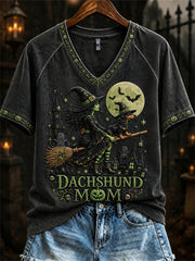Damen-Halloween-T-Shirt mit Aufdruck „Böse Hexe, Dackelmama“ und kurzen Ärmeln