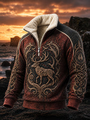 Retro-Sweatshirt im nordischen Stil mit Tiermotiv-Druck und Reißverschluss