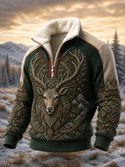 Retro-Sweatshirt im nordischen Stil mit Tiermotiv-Druck und Reißverschluss