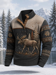 Herren-Winterpullover mit Elchdruck, lässig, mit Knöpfen