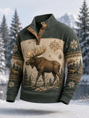 Herren-Winterpullover mit Elchdruck, lässig, mit Knöpfen