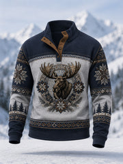 Herren-Winterpullover mit Elchdruck, lässig, mit Knöpfen