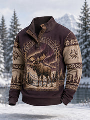 Herren-Winterpullover mit Elchdruck, lässig, mit Knöpfen