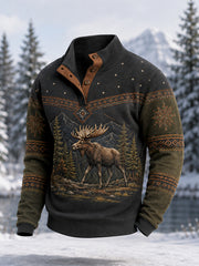 Herren-Winterpullover mit Elchdruck, lässig, mit Knöpfen