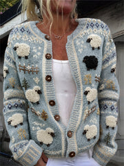 Damen Vintage Farm Fuzzy Sheep Isle Print Gemütliche Strickjacke