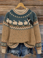 Kuscheliger Rundhals-Pullover für Damen mit Border‑Collie‑ und Schafmotiv im Yoke‑Stil der Isle of Skye