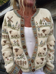 Damen Vintage Farm Fuzzy Sheep Floral Isle Print Gemütliche Strickjacke