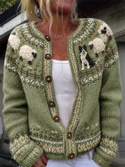 Damen Vintage Farm Border Collie & Fuzzy Sheep Yoke Isle Print Gemütliche Strickjacke