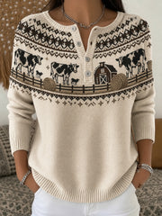 Lässiger Langarm-Cardigan für Damen mit Kuhmuster-Print