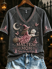 Damen-Halloween-T-Shirt mit kurzem Ärmel und Aufdruck „Malteser-Mama – Brustkrebsbewusstsein“
