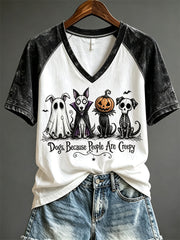 Damen-Hundet-Shirts mit gruseligem Halloween-Print und kurzen Ärmeln