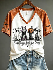 Damen-Hundet-Shirts mit gruseligem Halloween-Print und kurzen Ärmeln