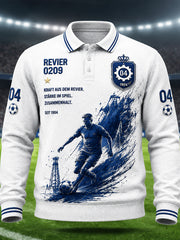 Herrenweißes, gestreiftes Freizeit-Poloshirt im deutschen Schalke-Design mit Langarm
