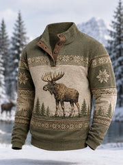 Herren-Winterpullover mit Elchdruck, lässig, mit Knöpfen