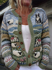 Frauen Vintage Border Collie & Sheep Farm Landschaft Isle Print Strickjacke im Stil