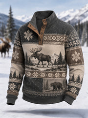 Herren-Winterpullover mit Elchdruck, lässig, mit Knöpfen