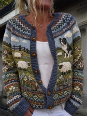 Damen-Strickjacke im Vintage-Stil mit Border‑Collie‑ und Schäferei‑Landschafts‑Motiv sowie Insel‑Print – cardiganartig geschnitten