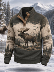 Herren-Winterpullover mit Elchdruck, lässig, mit Knöpfen