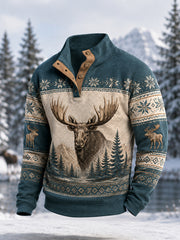 Herren-Winterpullover mit Elchdruck, lässig, mit Knöpfen