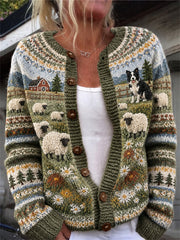 Damen-Strickjacke im Vintage-Stil mit Border‑Collie‑ und Schäferei‑Landschafts‑Motiv sowie Insel‑Print – cardiganartig geschnitten